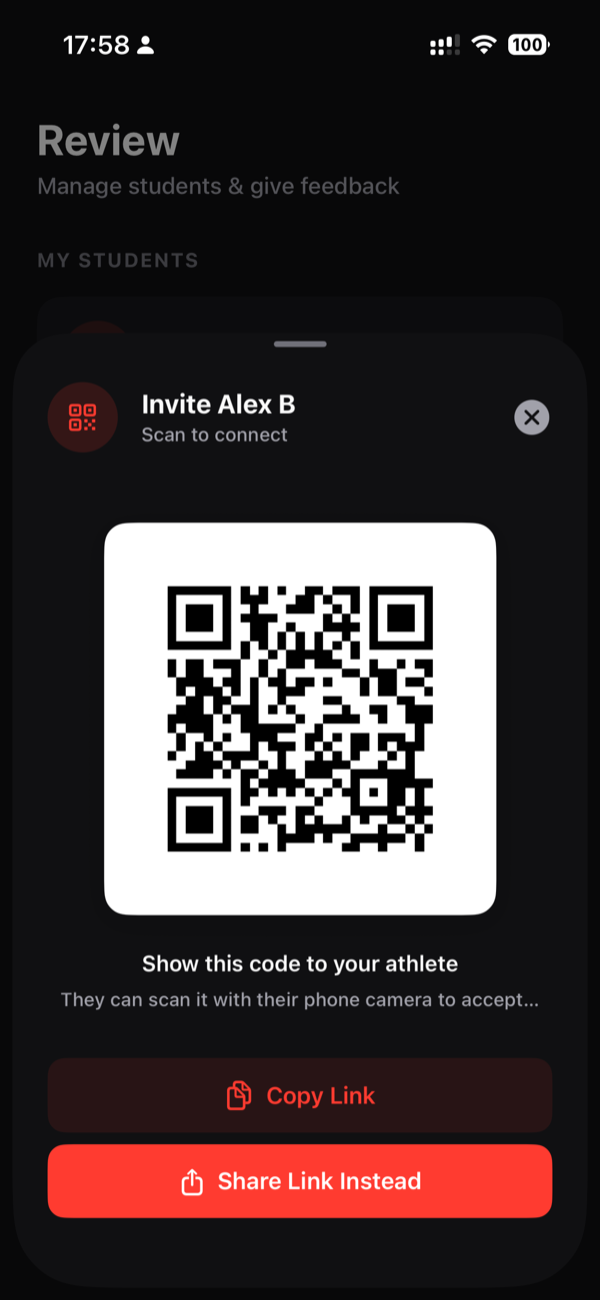 QR code invite screen for connecting a student to a coach in WithCoach