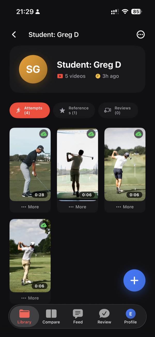 Student workspace in WithCoach showing their training videos organized for review