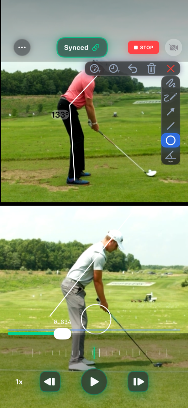 Side-by-side video comparison of a golf swing reference and a student attempt, synced frame by frame
