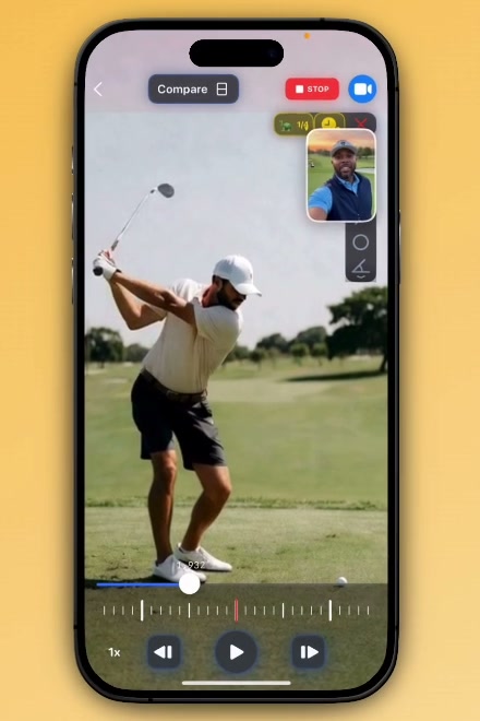 A recorded WithCoach review in progress on a golf swing, with playback controls and the reference clip inset
